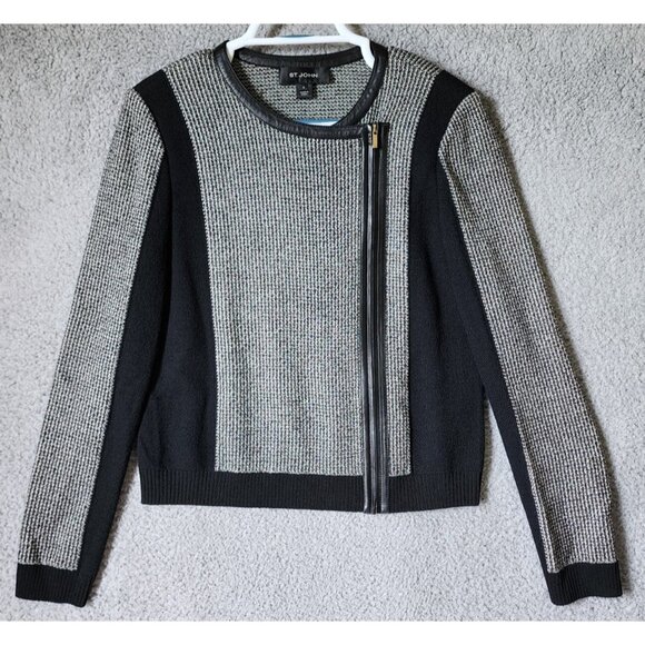 St. John Women's Santana Knit Tweed Side Zip Up Jacket Leather Trim Wool Blend M